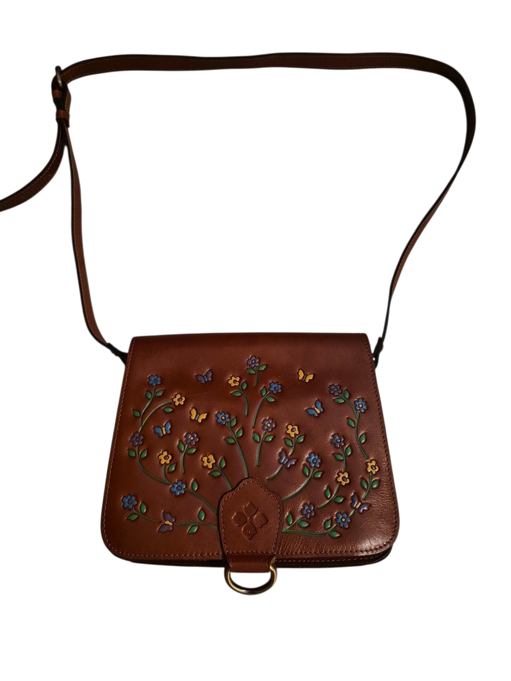 Patricia Nash leather crossbody bag featuring hand-painted and embossed floral